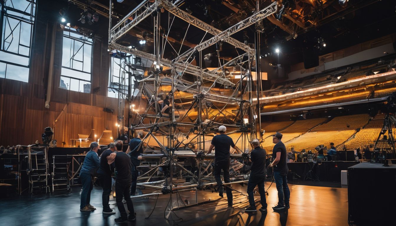 A team of stage technicians assembling a complex rigging and truss system.
