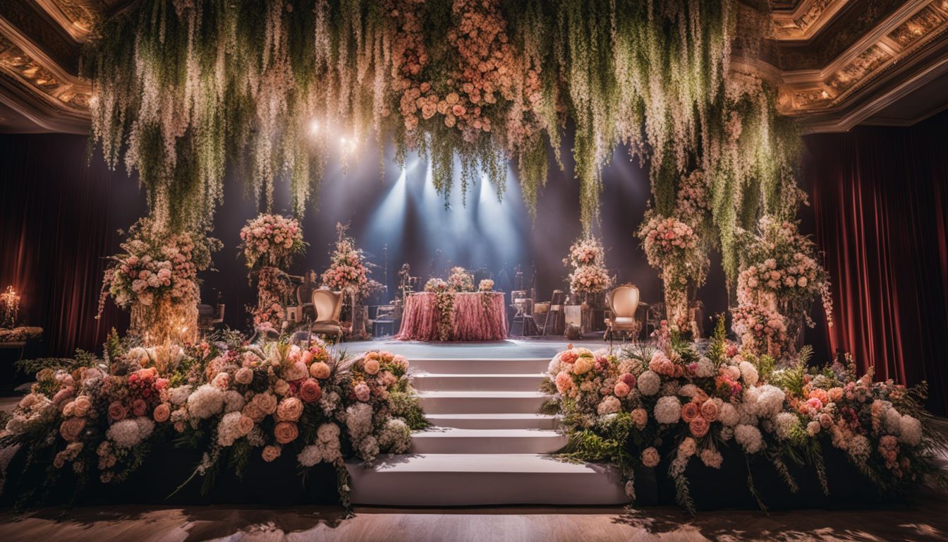 A diverse and vibrant stage backdrop with floral arrangements and cityscape.