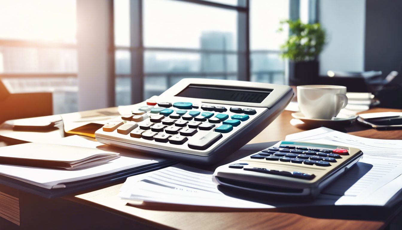Een stapel financiële documenten en een rekenmachine op een bureau in een modern kantoor.