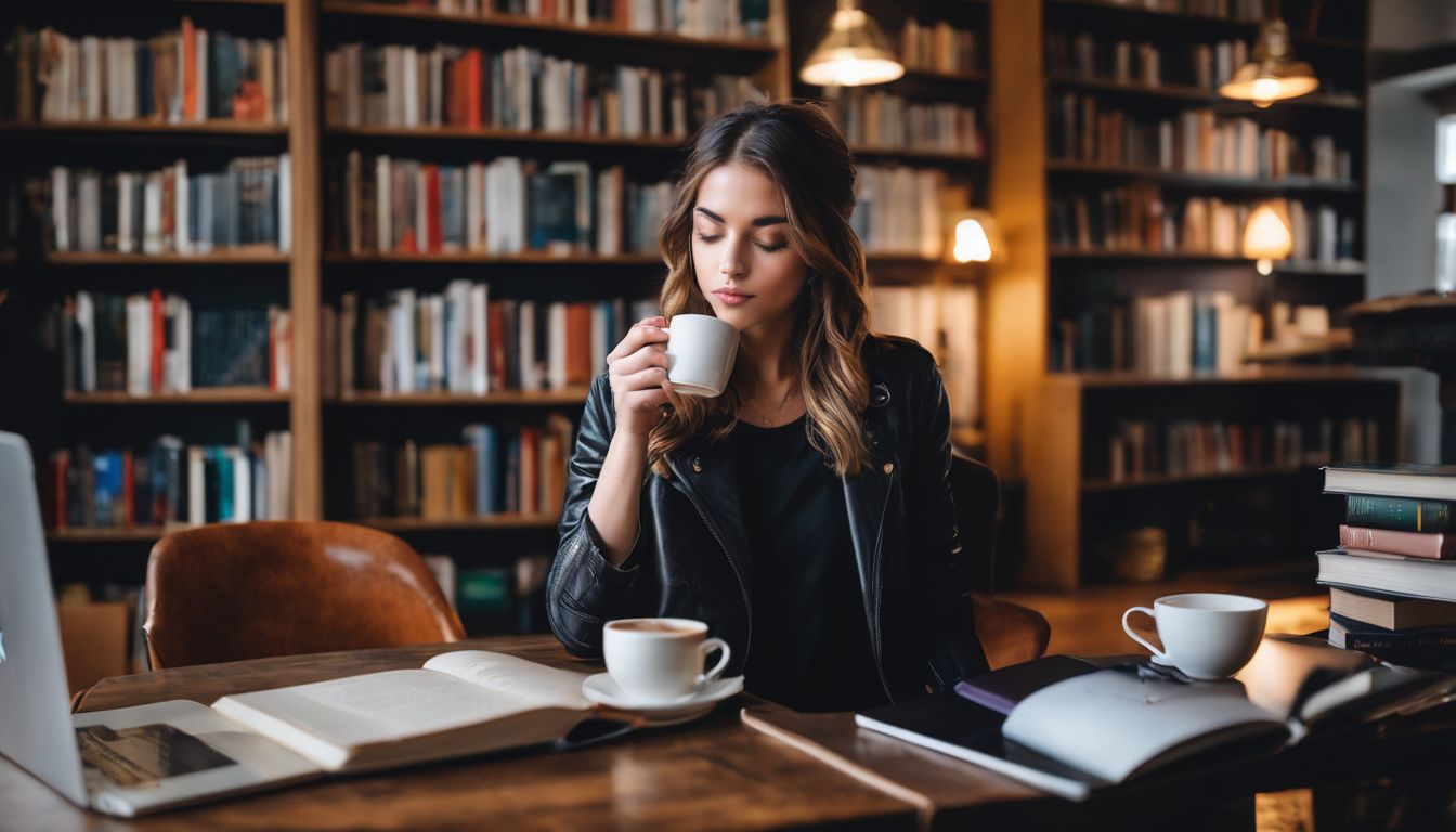 A person enjoys coffee while working surrounded by books and technology.