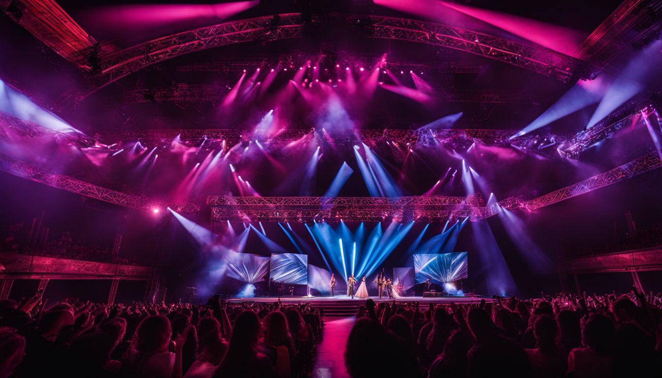 A grand stage with diverse performers and vibrant truss displays.