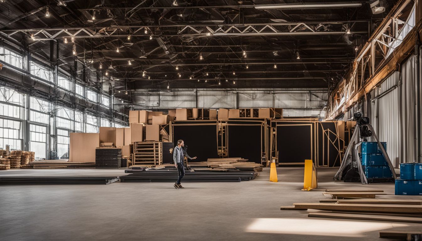 A stage designer inspecting truss rentals in a warehouse.