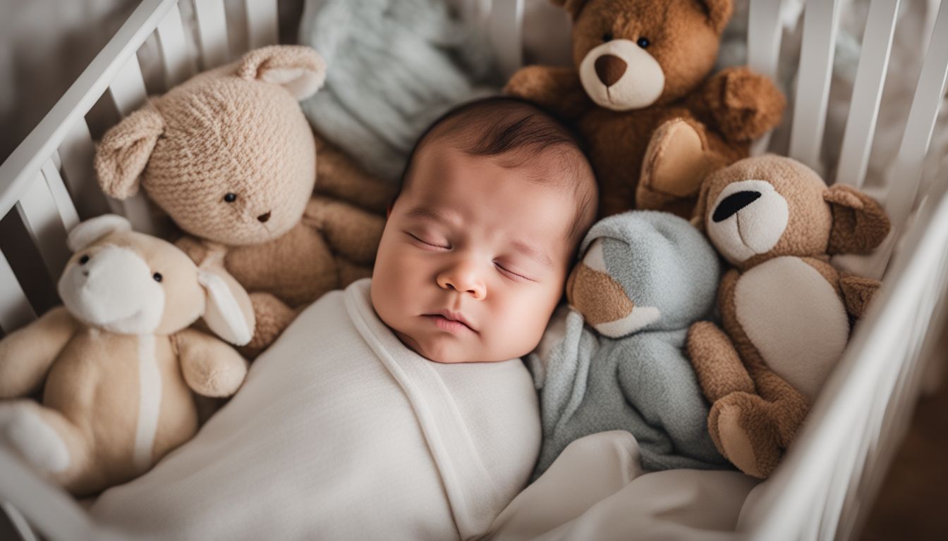A peaceful baby sleeping in a crib surrounded by soft blankets and stuffed animals.