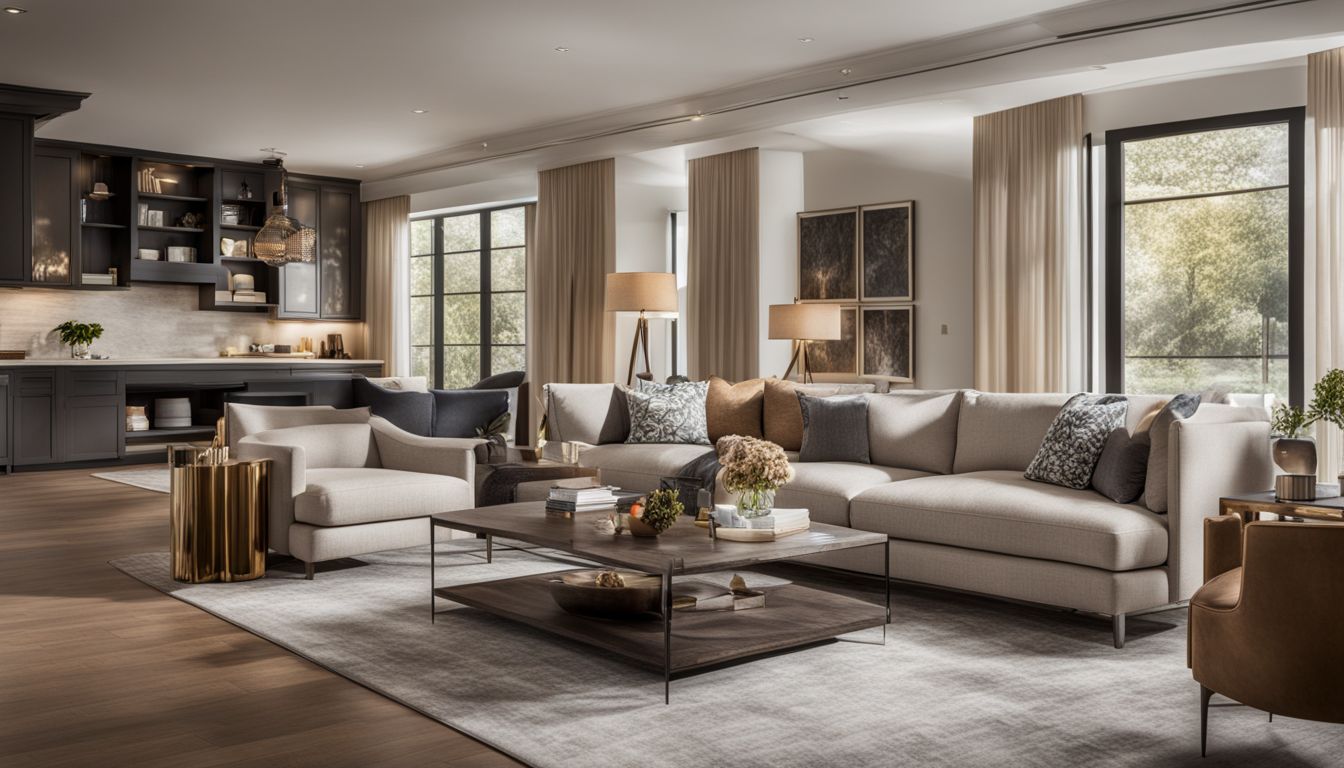 A modern living room with neutral tones and bold accent pieces.