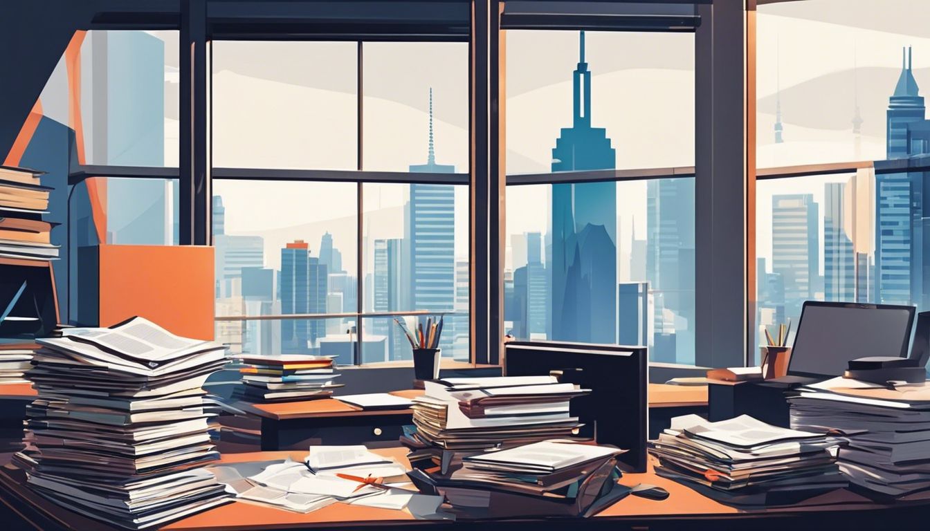 Een stapel financiële boeken op een bureau in een modern kantoor.