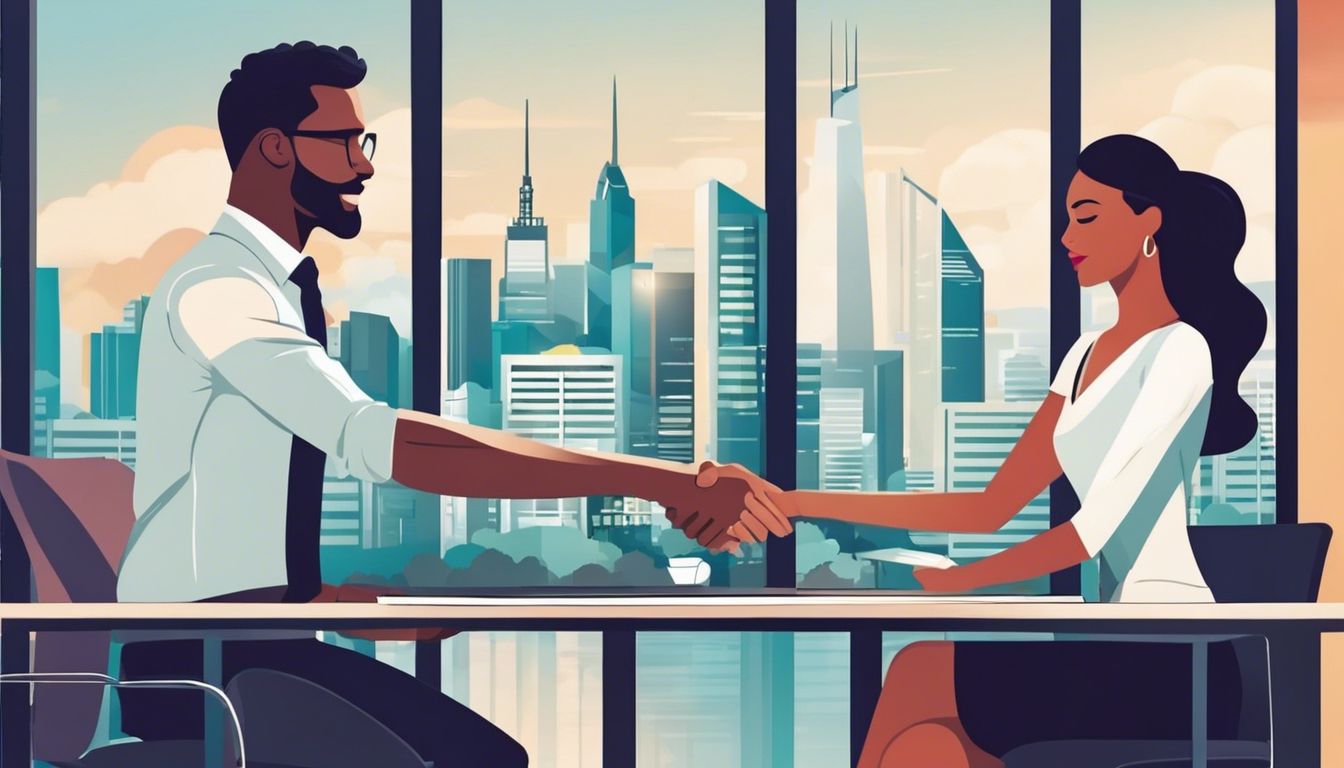 Een mannelijke en vrouwelijke ondernemer schudden handen in modern kantoor.