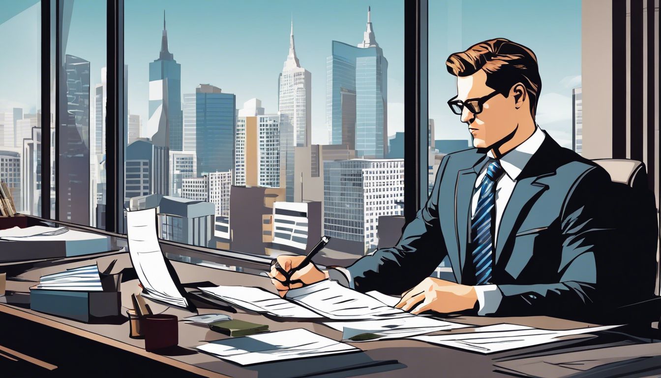 Een zakenman bekijkt uitstaande facturen in een modern kantoor.