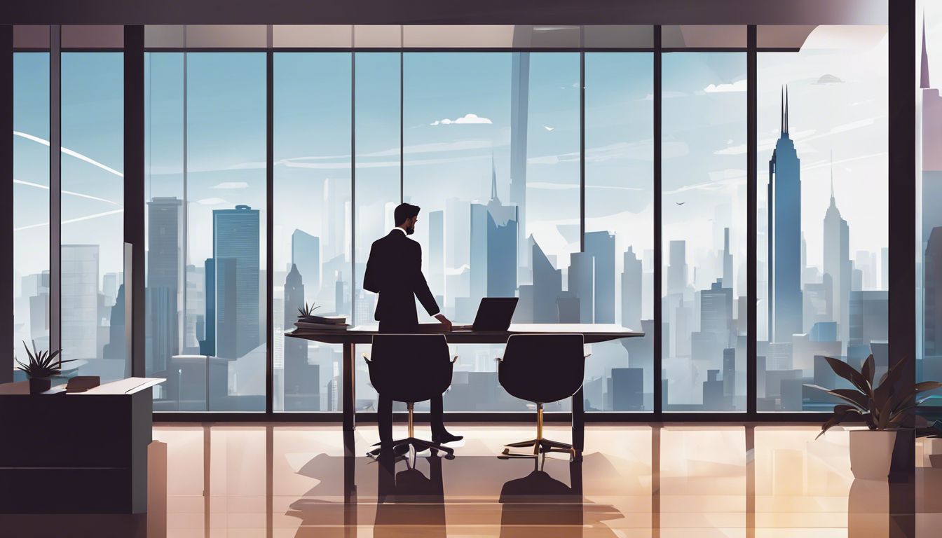 Een zakenman bekijkt een gebalanceerde financiële overzicht in een modern kantoor.