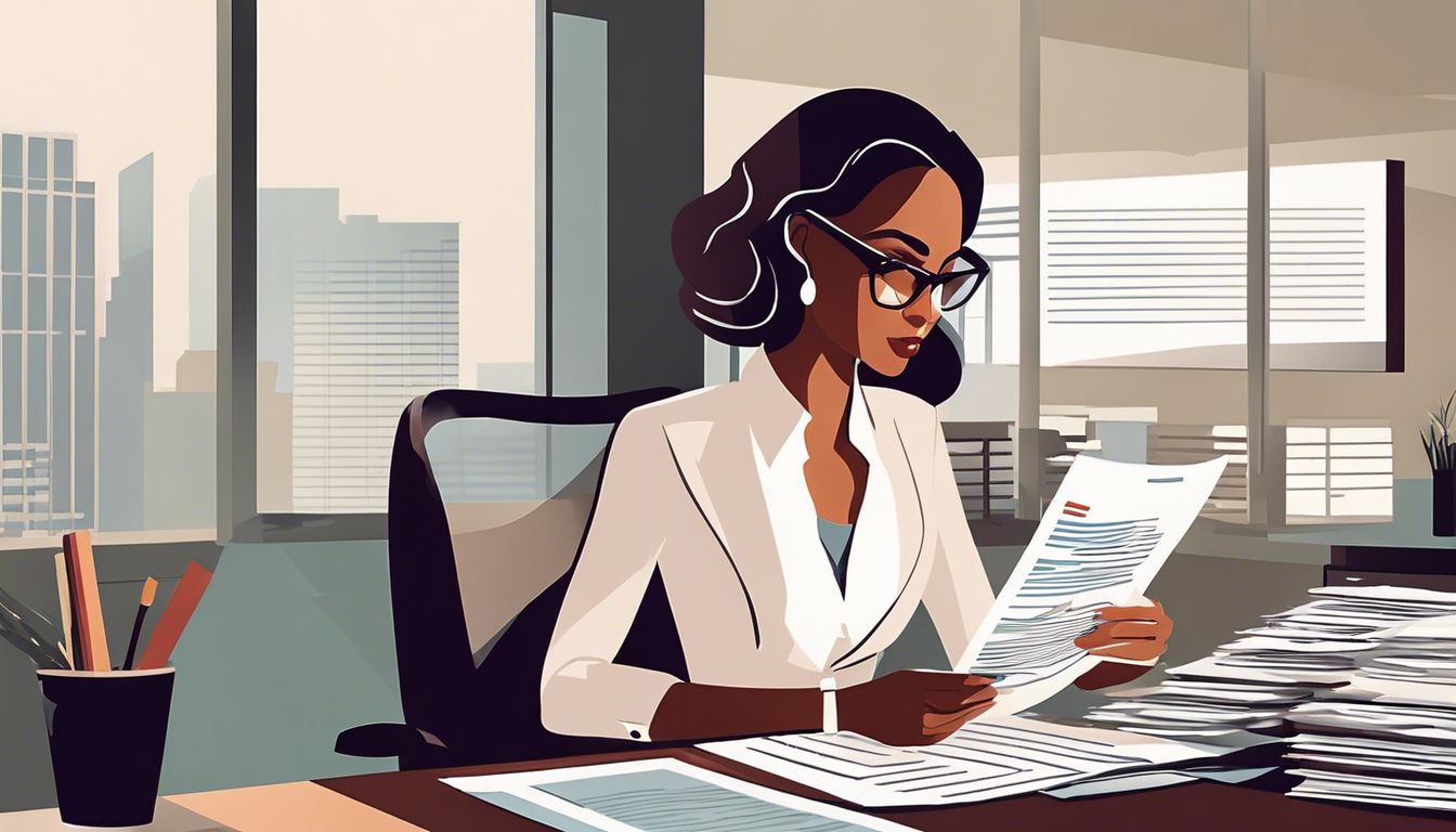 Een zakenvrouw bestudeert financiële documenten in een modern kantoor.