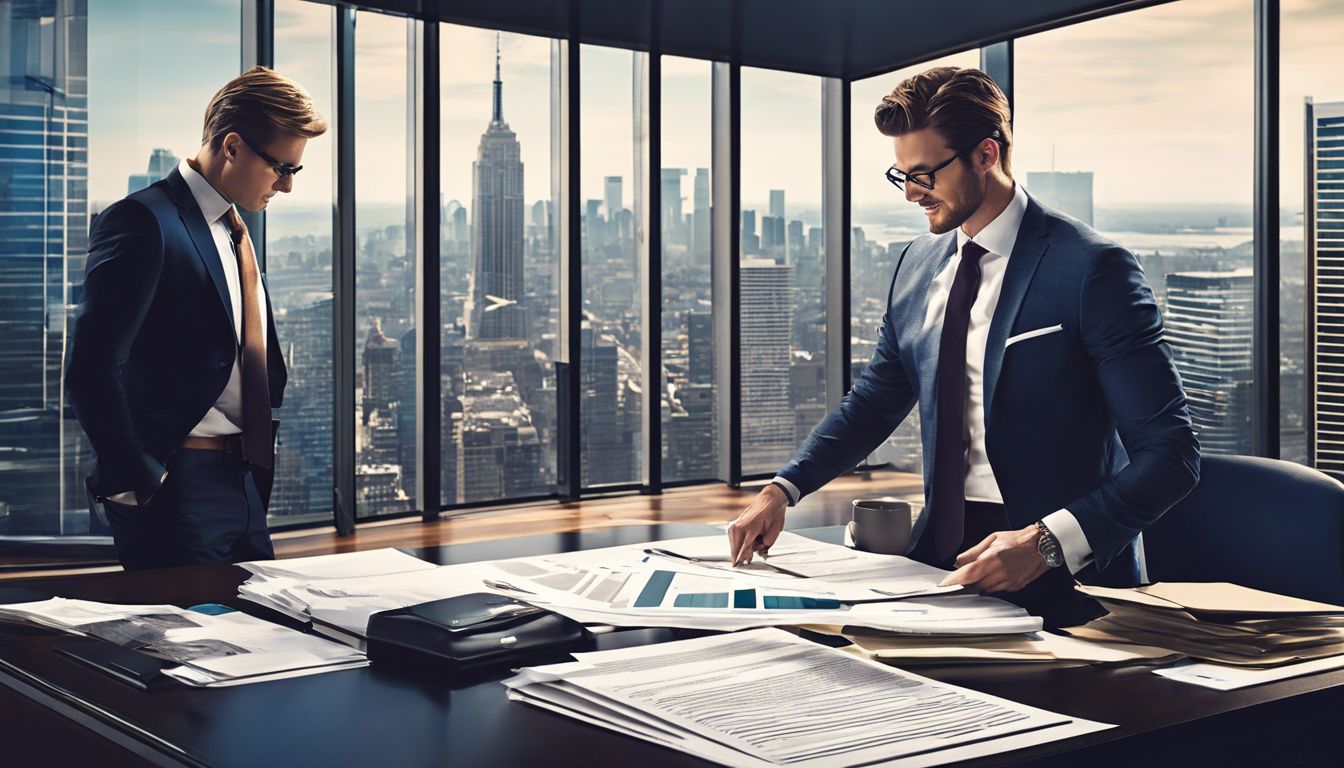 Een zakenman sorteert financiële papieren in een modern kantoor met uitzicht op de stad.