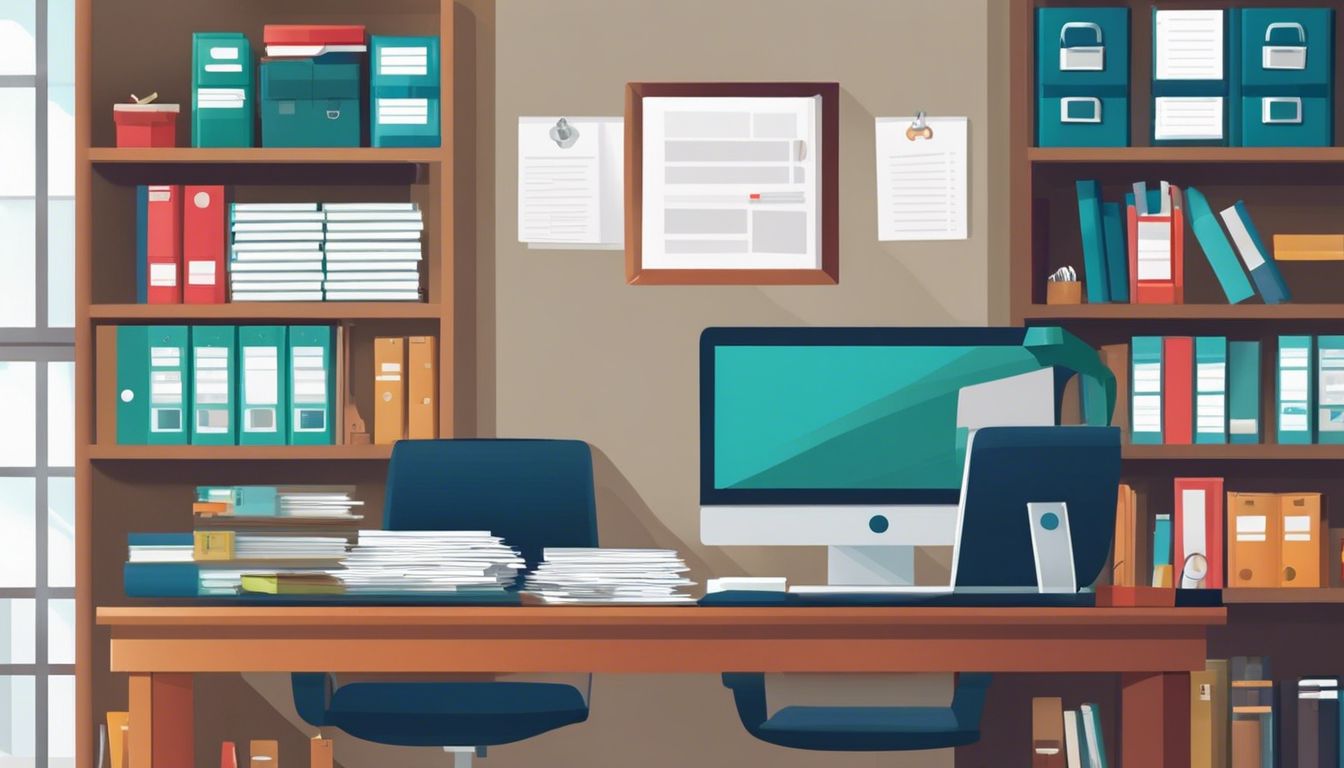 Een persoon organiseert en categoriseert financiële documenten in een netjes kantoor.