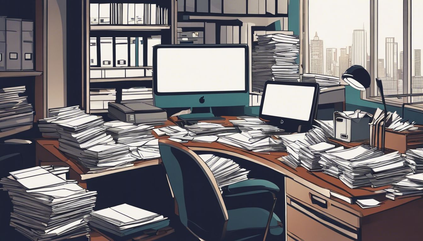Een stapel papierwerk en kantoorbenodigdheden op een rommelig bureau.