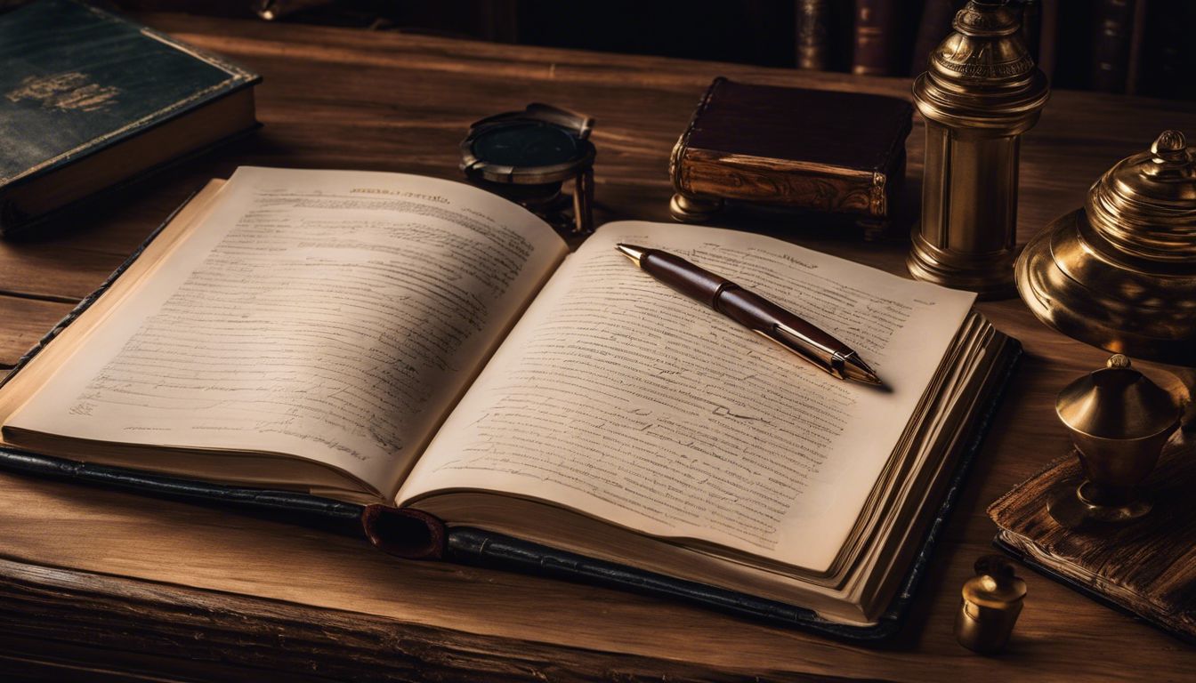 Een vintage boekhoudboek en een pen op een houten bureau.