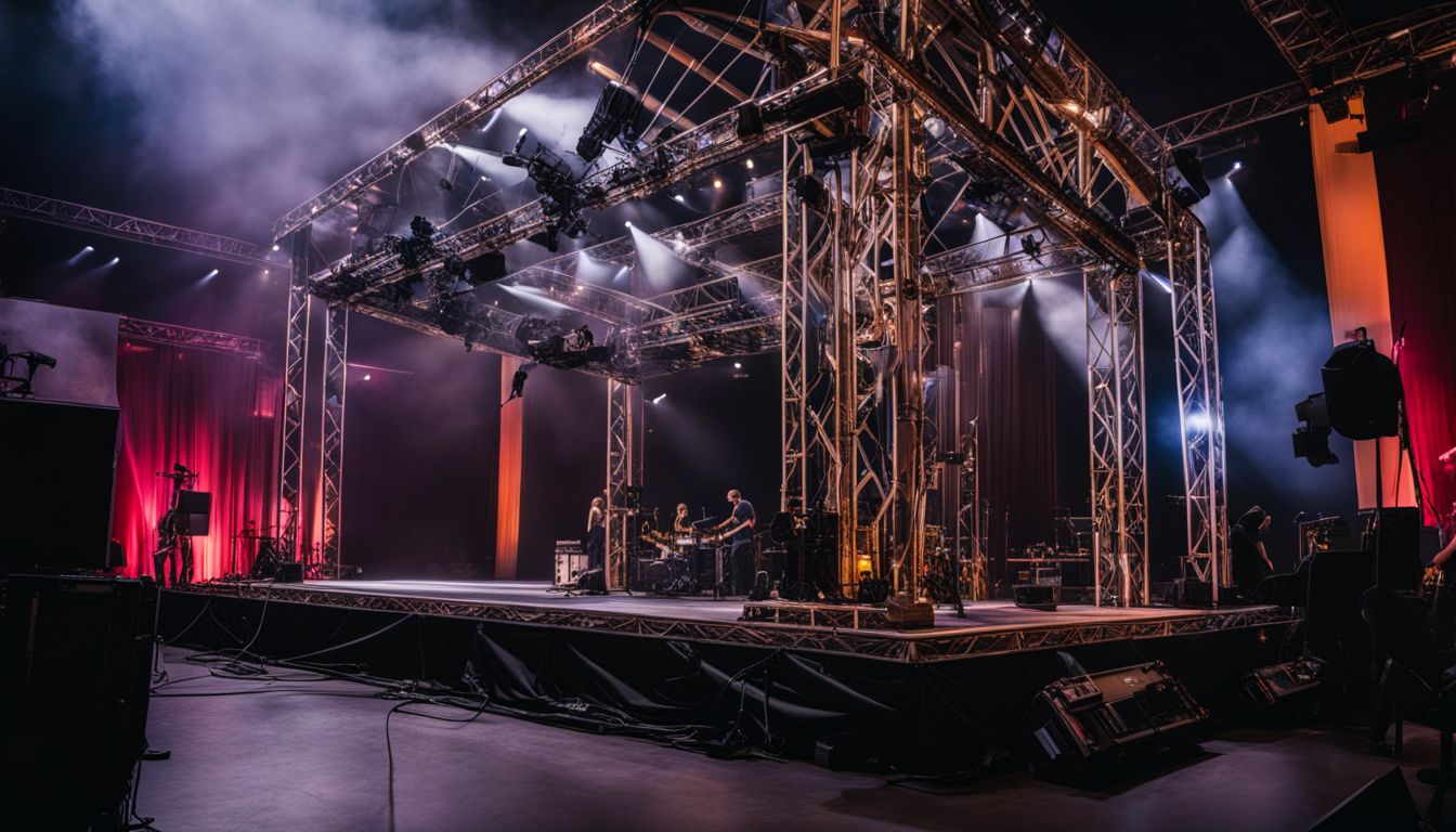 A sturdy truss structure holding up heavy stage equipment in a bustling atmosphere.