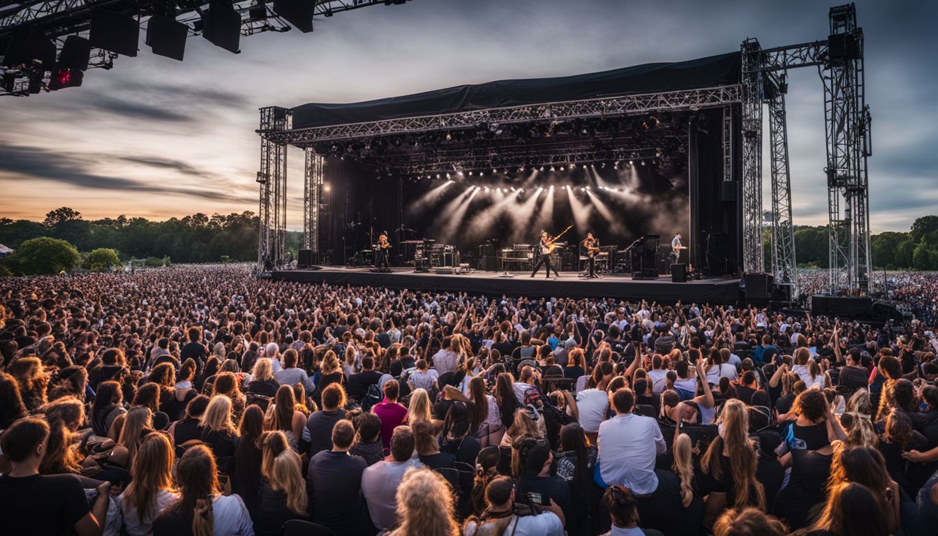 A large outdoor concert stage with a bustling atmosphere and diverse crowd.