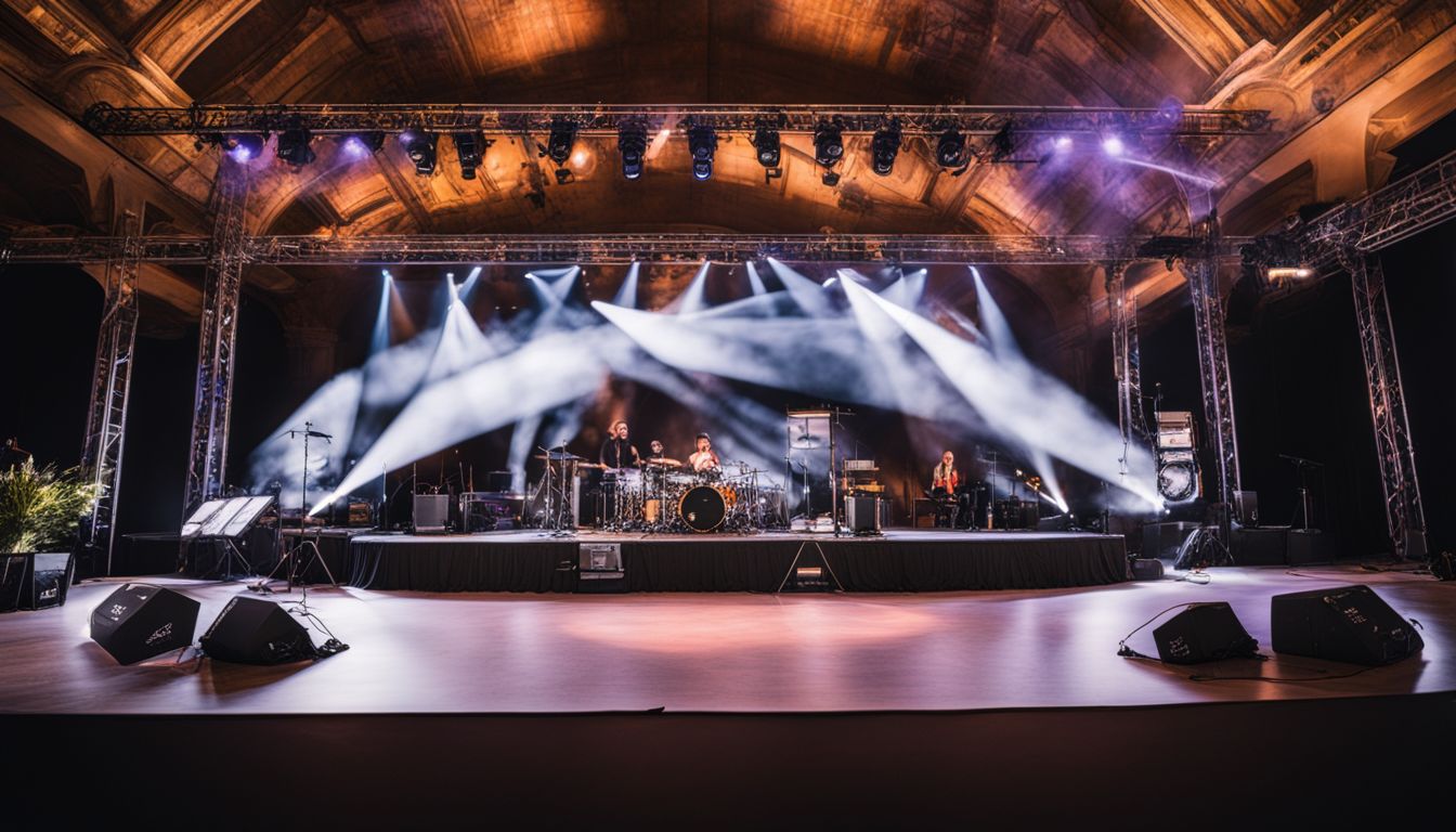 A stage with truss arches and event gear surrounded by modern event rental equipment.