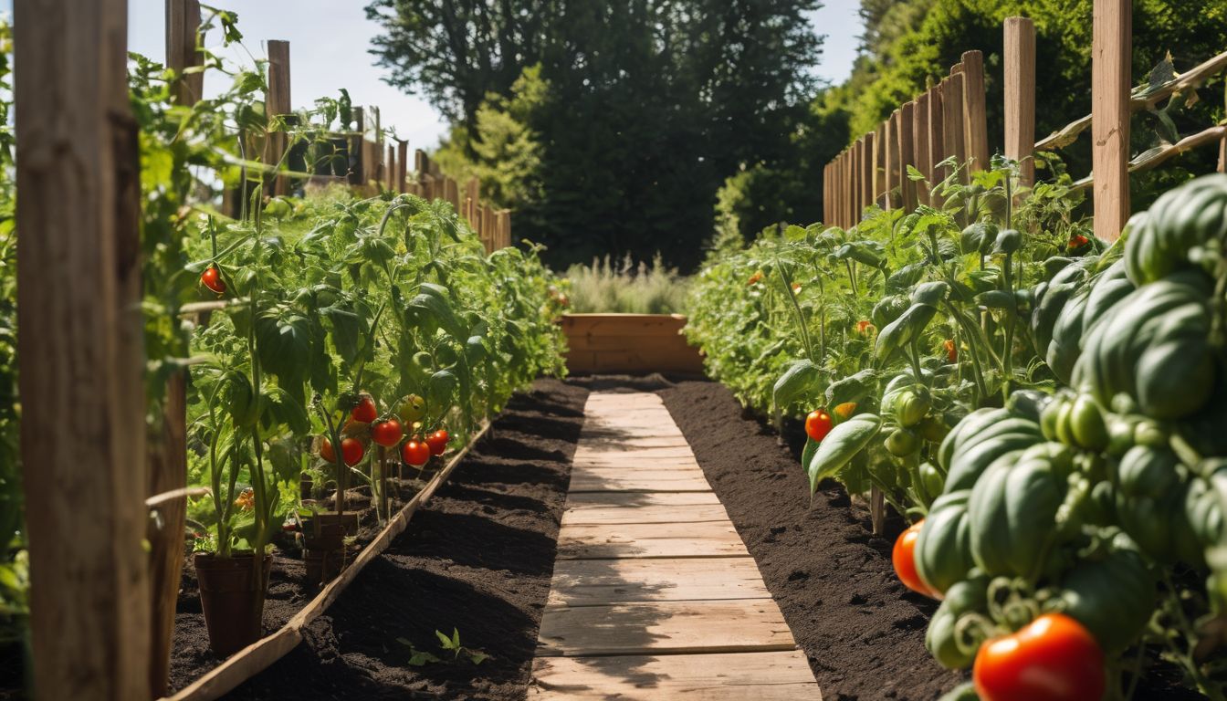 Healthy tomato plants supported by sturdy wooden stakes in a lush garden.