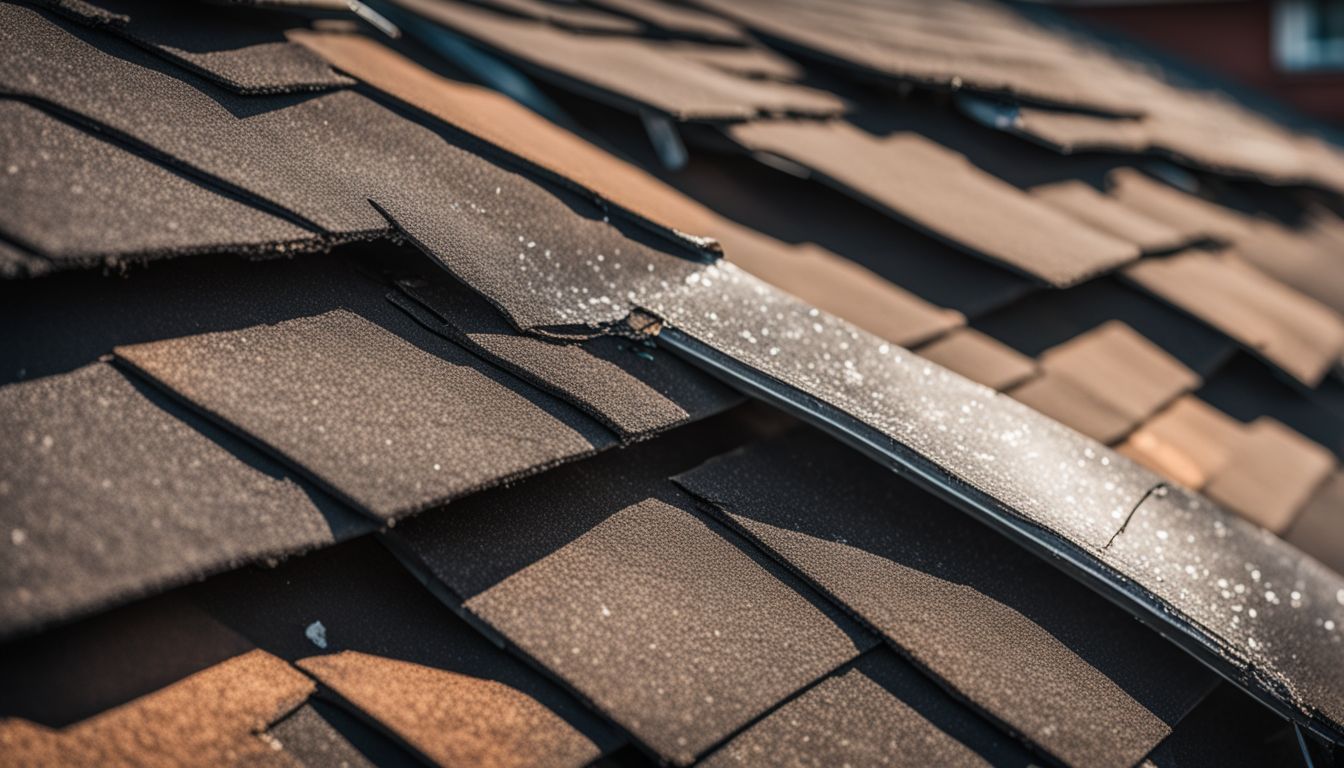A damaged residential roof with close-up shingles and flashing.