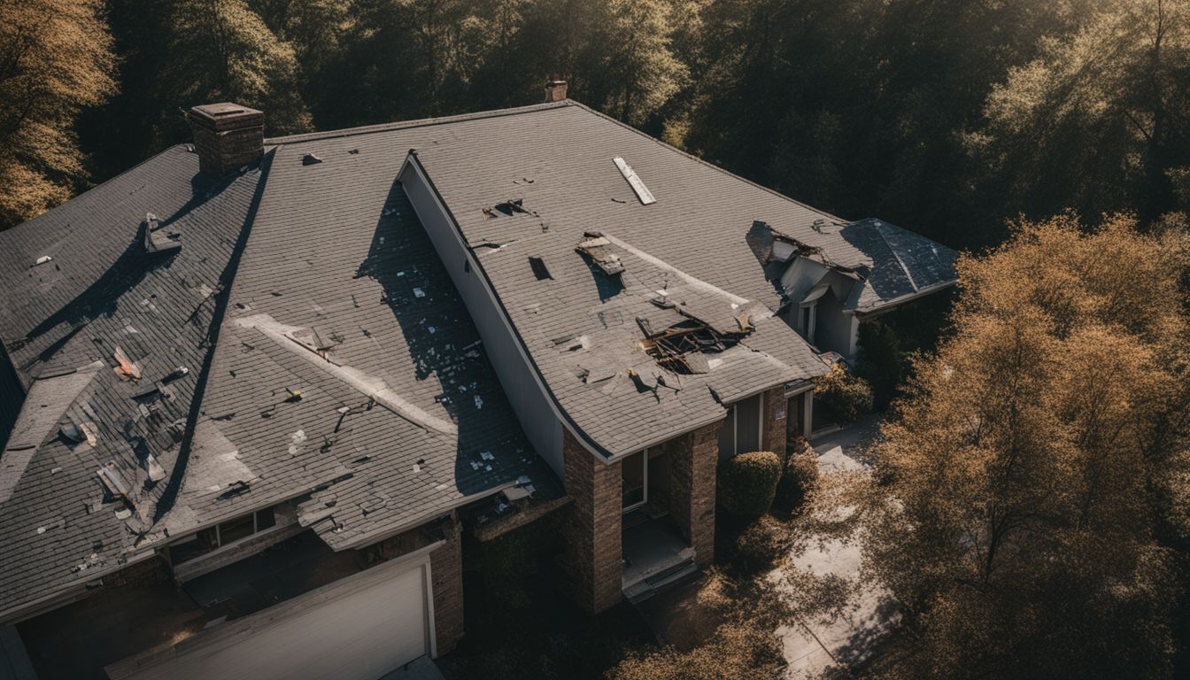 A damaged residential roof in a bustling urban area with trees.