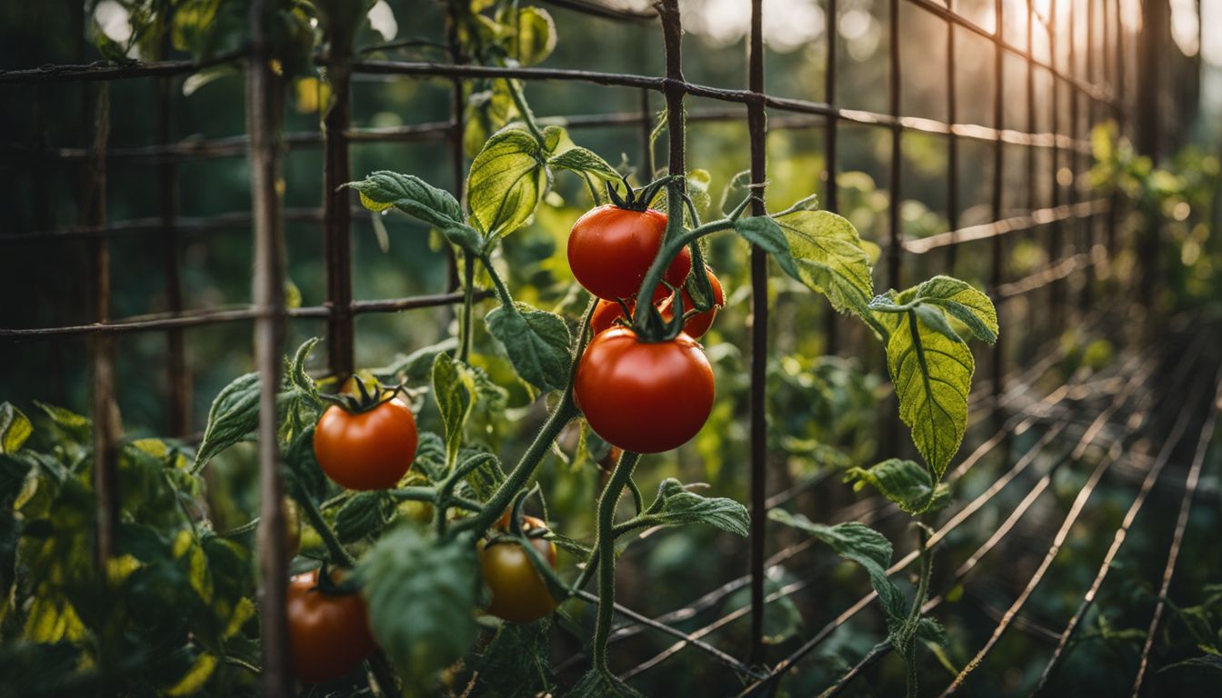 A tomato plant supported by a sturdy cage surrounded by healthy foliage.