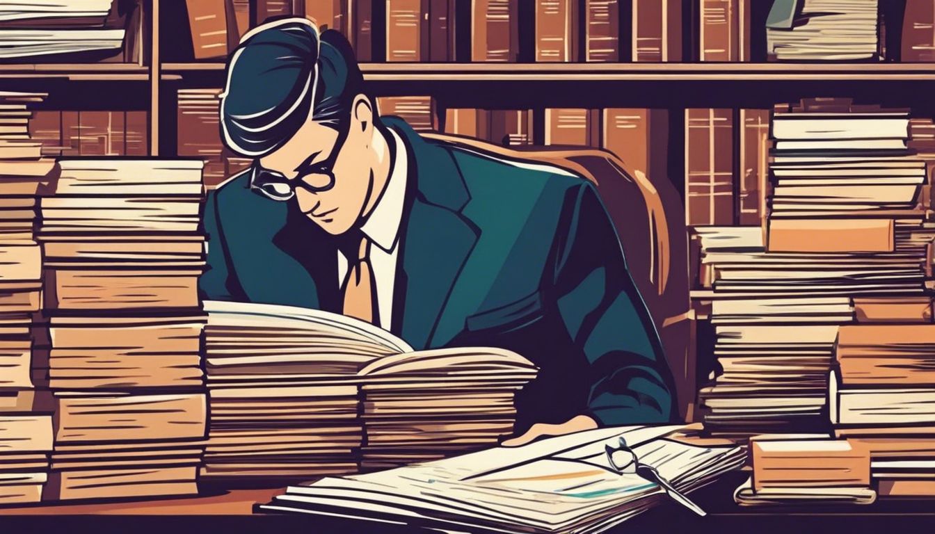 Een persoon die grootboeken onderzoekt te midden van financiële documenten in een kantooromgeving.