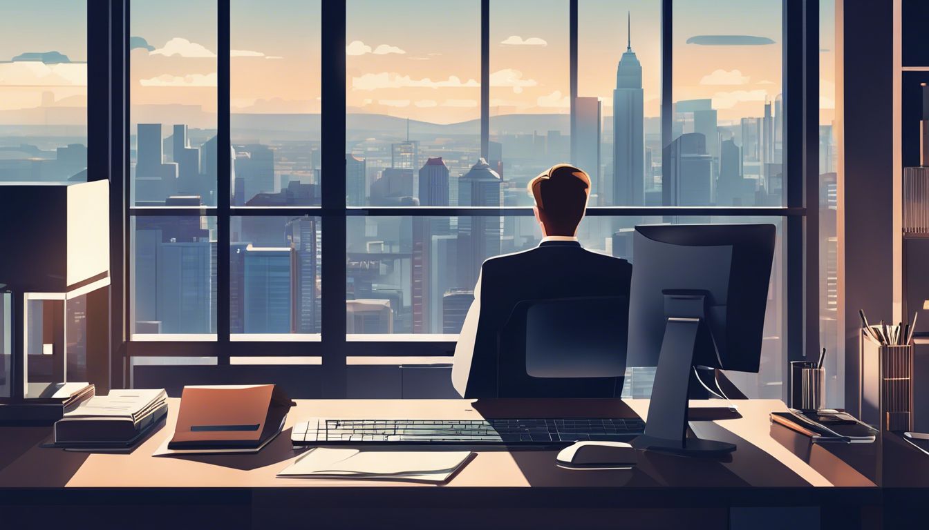 Een professionele accountant werkt geconcentreerd in een modern kantoor met uitzicht op de stad.