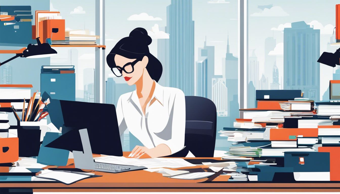 Een vrouw zit aan haar bureau omringd door dossiers en een computer.