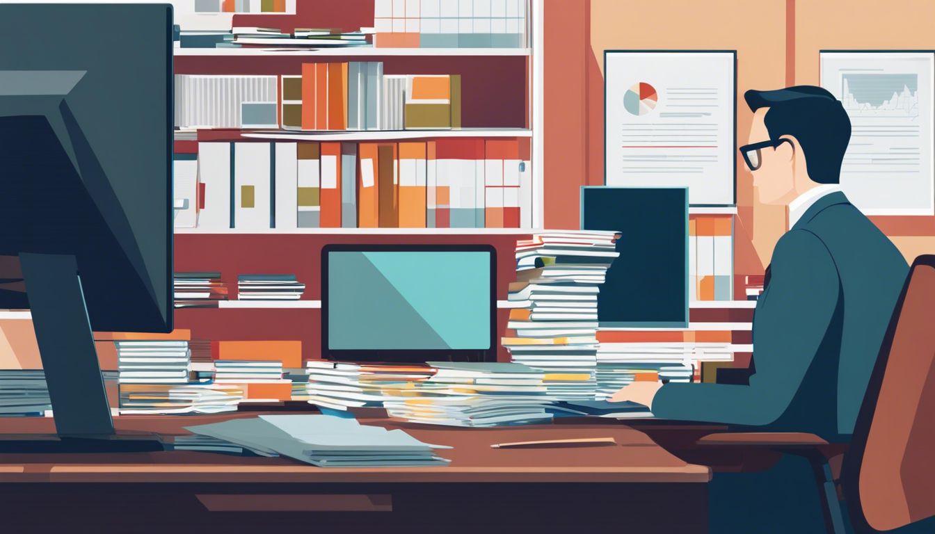 Een persoon ordent financiële documenten op een bureau in een kantooromgeving.