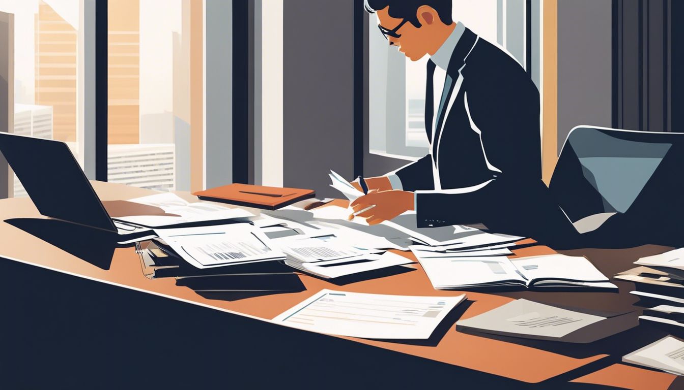 Een persoon sorteert netjes georganiseerde financiële documenten in een professionele kantooromgeving.