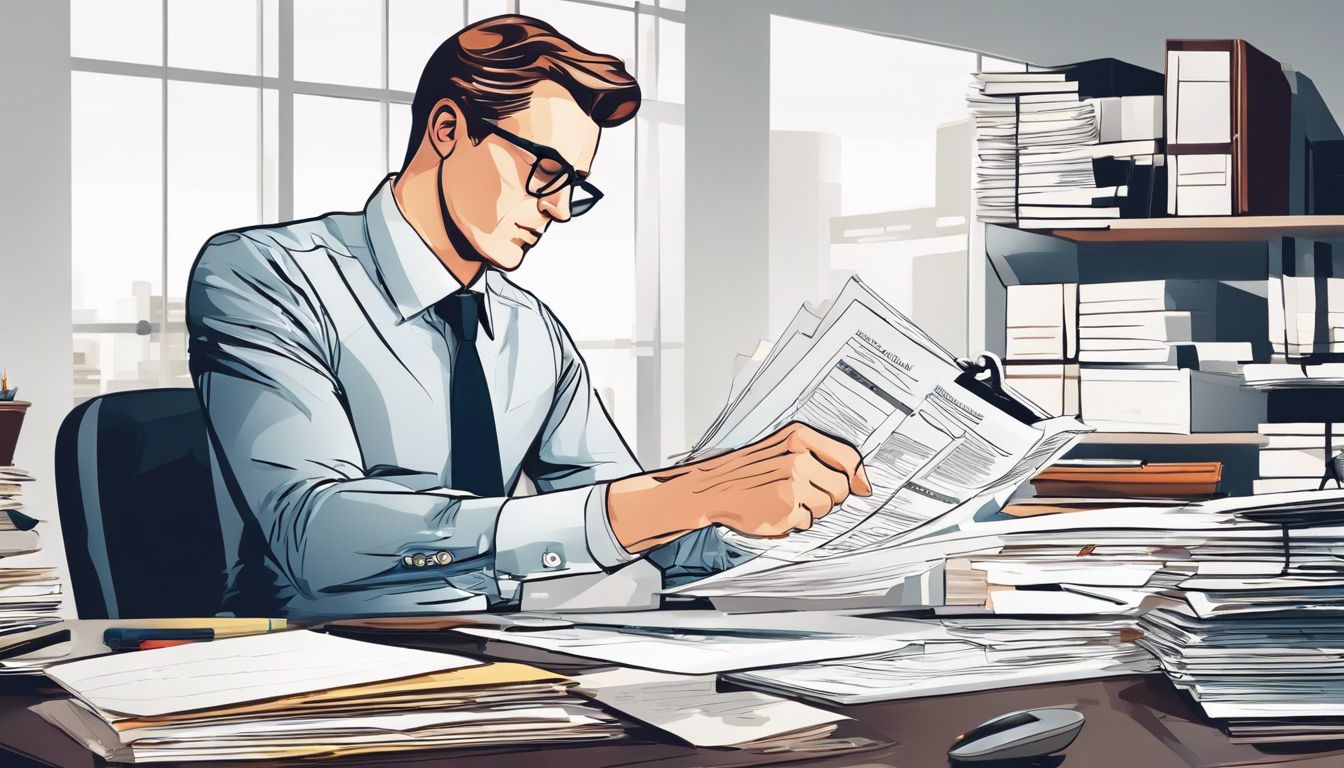 Een zakenman bekijkt gedetailleerde boekhouding op zijn bureau.