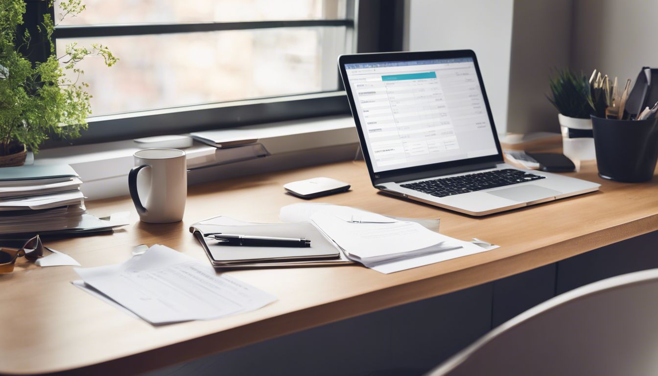 Een opgeruimd bureau met laptop, financiële documenten en bonnetjes, minimalisme en productiviteit.