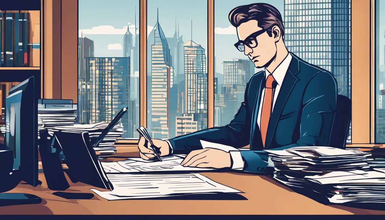 Een zakenman analyseert financiële documenten in een modern kantoor.