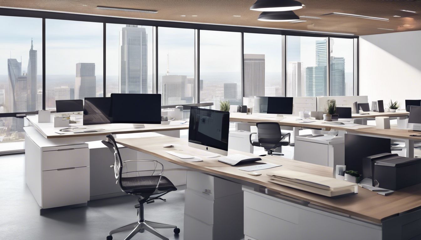 Een modern kantoor met een bureau, financiële documenten en een computer.