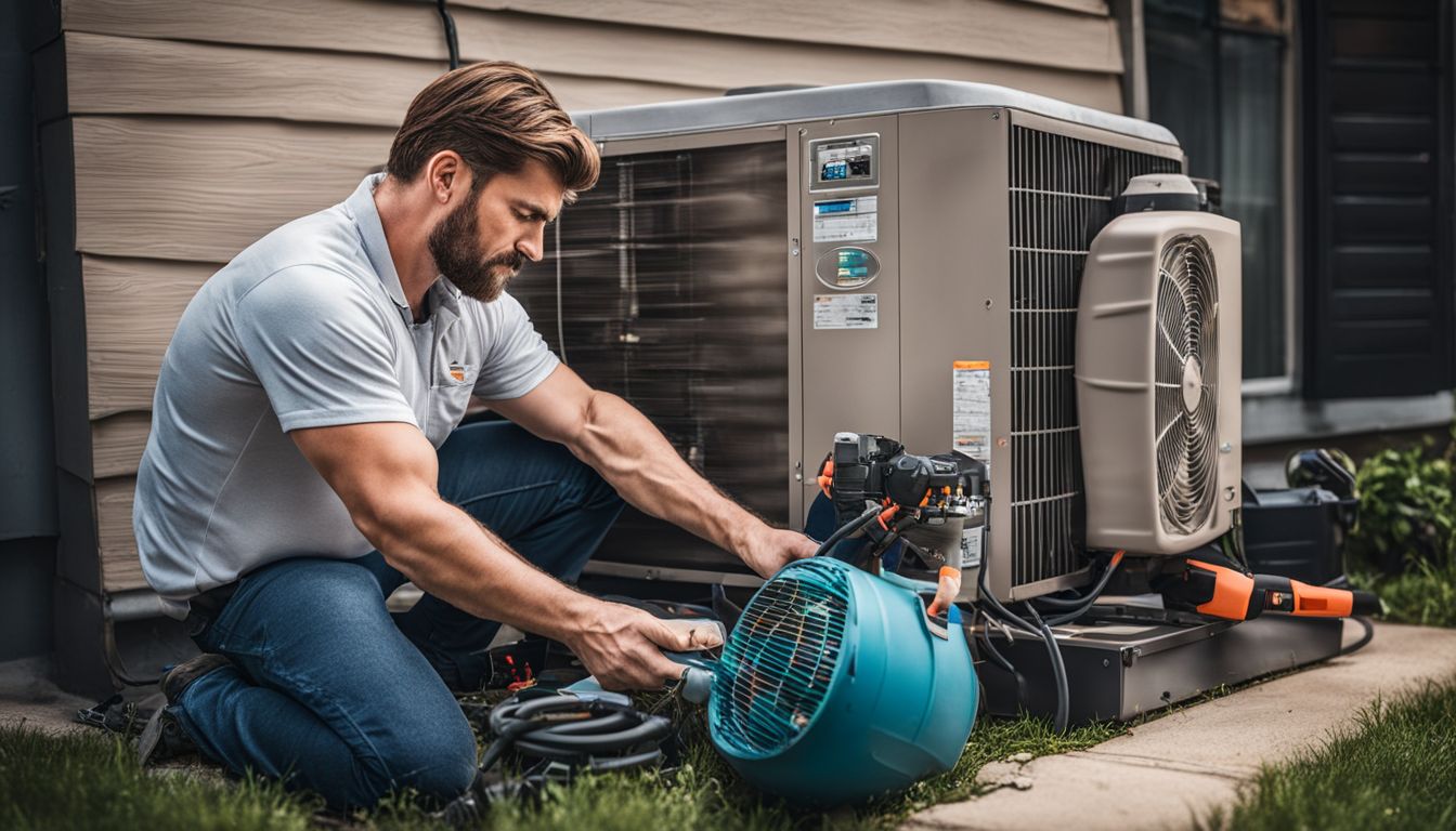 A technician fixing an outdoor air conditioning unit with tools.