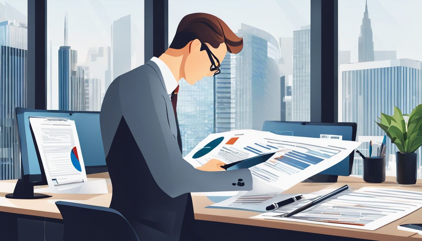 Een professionele accountant analyseert financiële documenten op een modern kantoor.