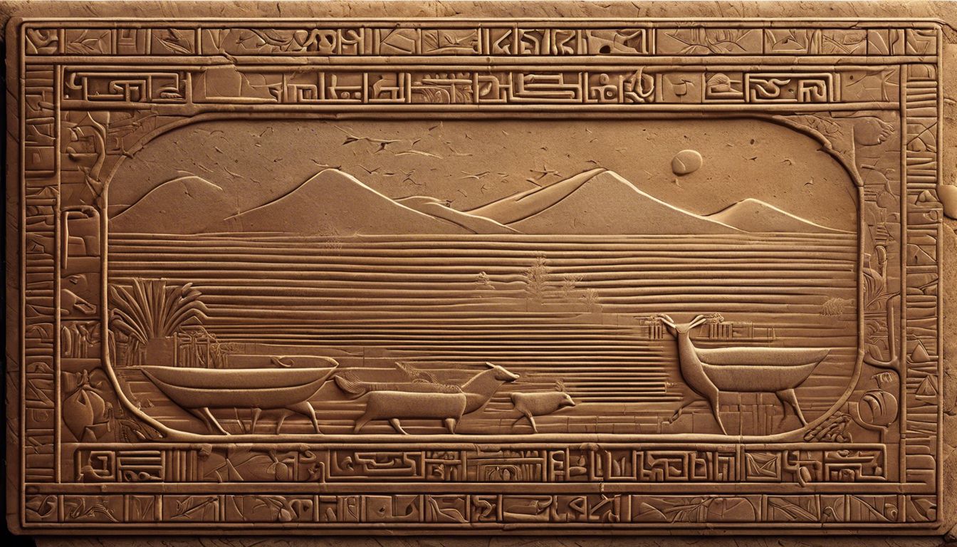 Een oude kleitablet met inscripties over landbouwvoorraden in een Mesopotamische setting, met gedetailleerde patronen en symbolen.