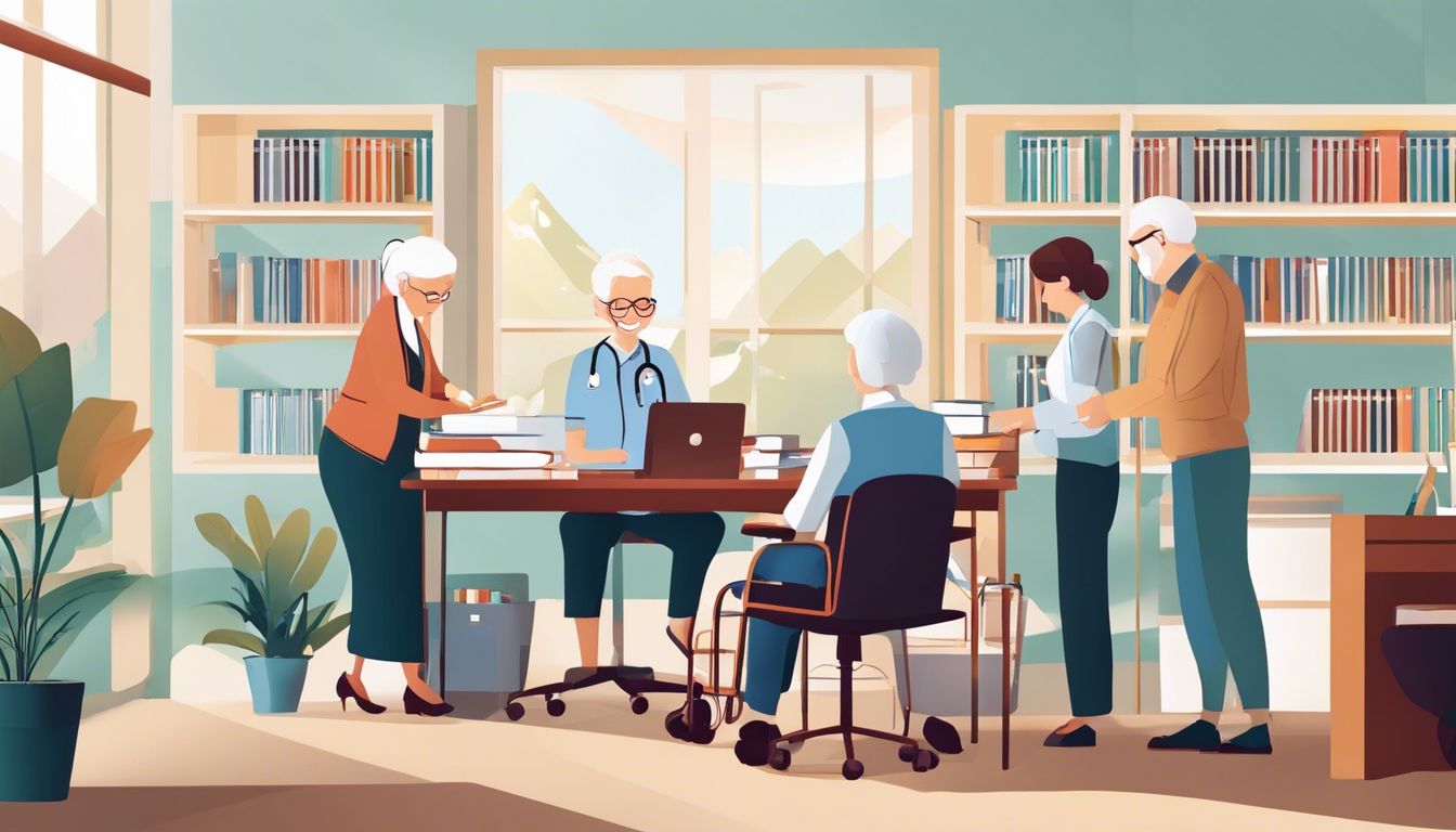 Een groep oudere bewoners en zorgpersoneel werkt samen in een georganiseerd kantoor.