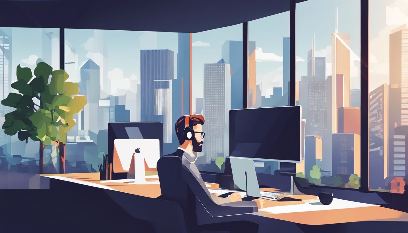 Een persoon werkt geconcentreerd op een computer in een modern kantoor.