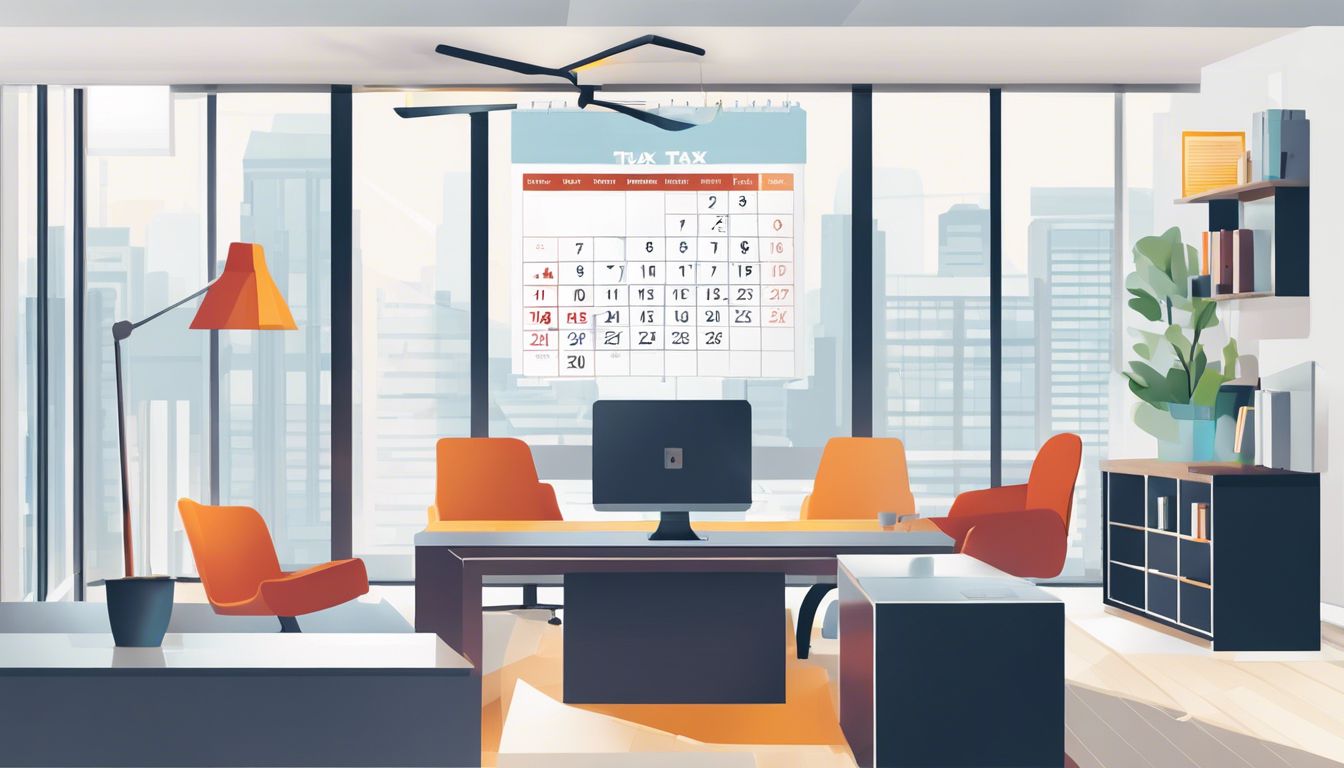 Een kalender met belastingdeadlines, omringd door georganiseerde financiële documenten en een kantooromgeving met moderne meubels en technologie.