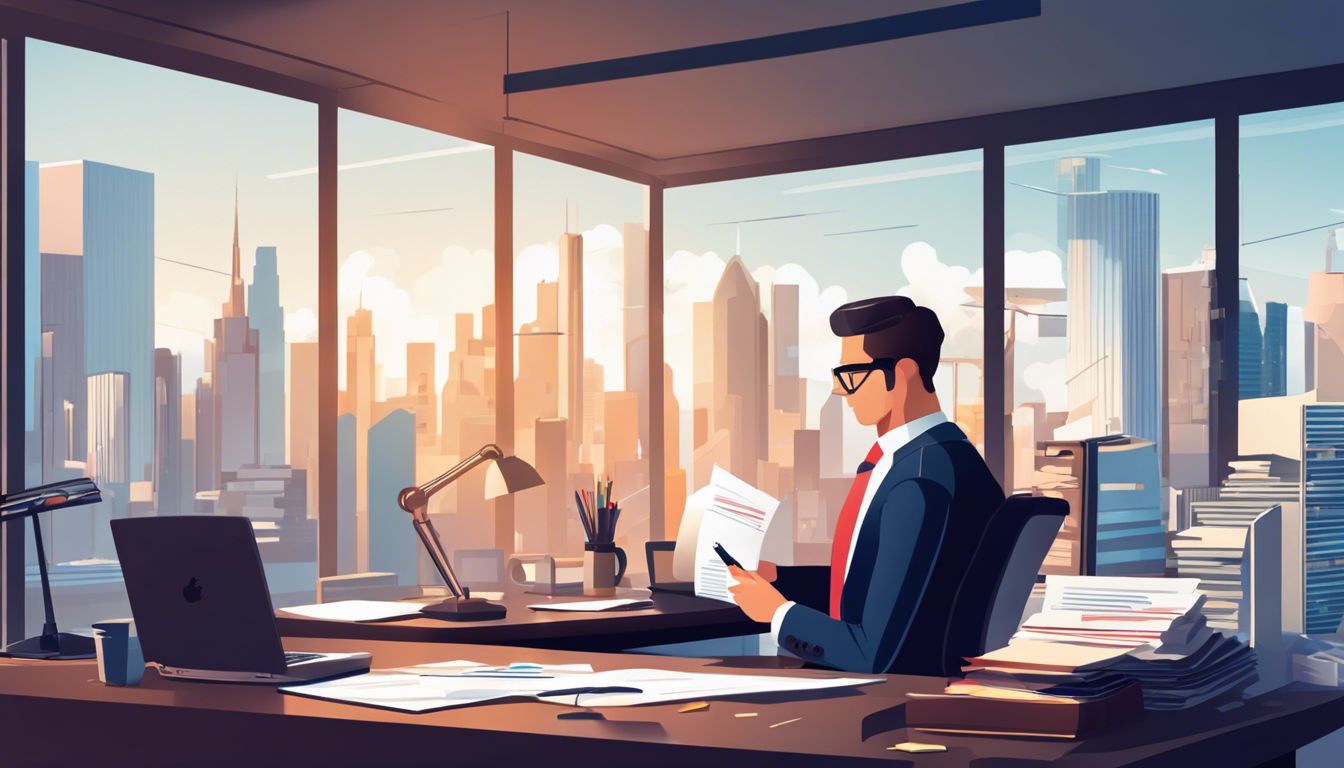 Een accountant werkt geconcentreerd aan zijn bureau omgeven door financiële documenten en stadsgezichten.