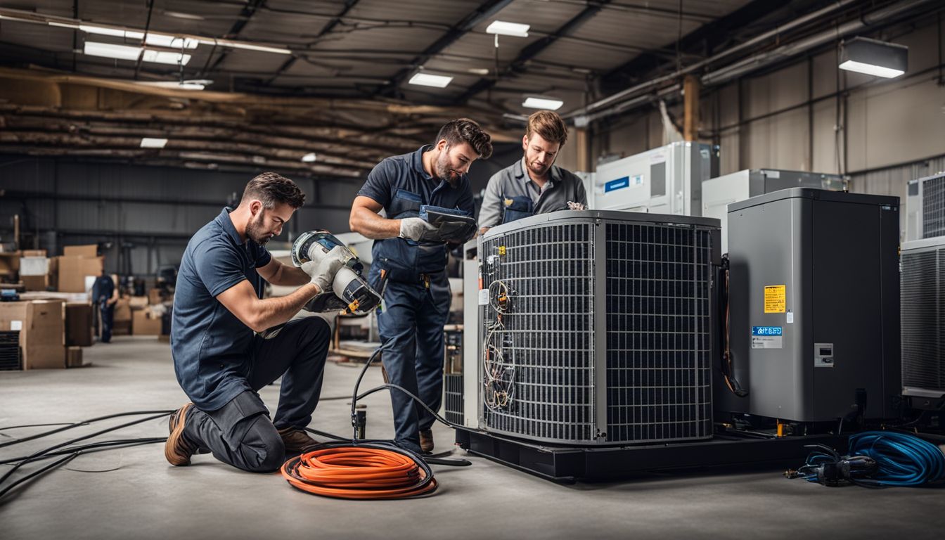 Two technicians working on repairing air conditioning units in a workshop.