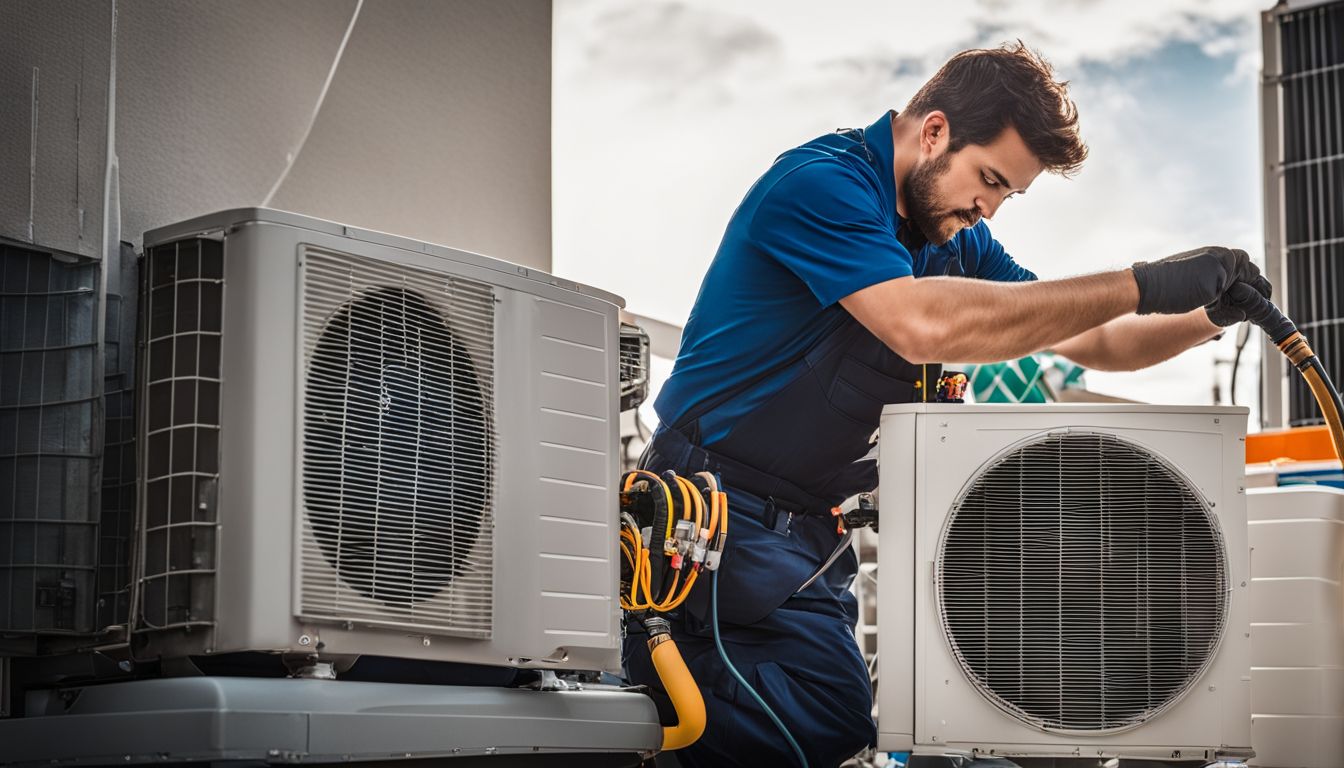 An air conditioning technician performing maintenance on a unit in a clean environment.