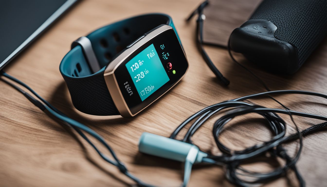 A Fitbit surrounded by personal details and technology equipment.