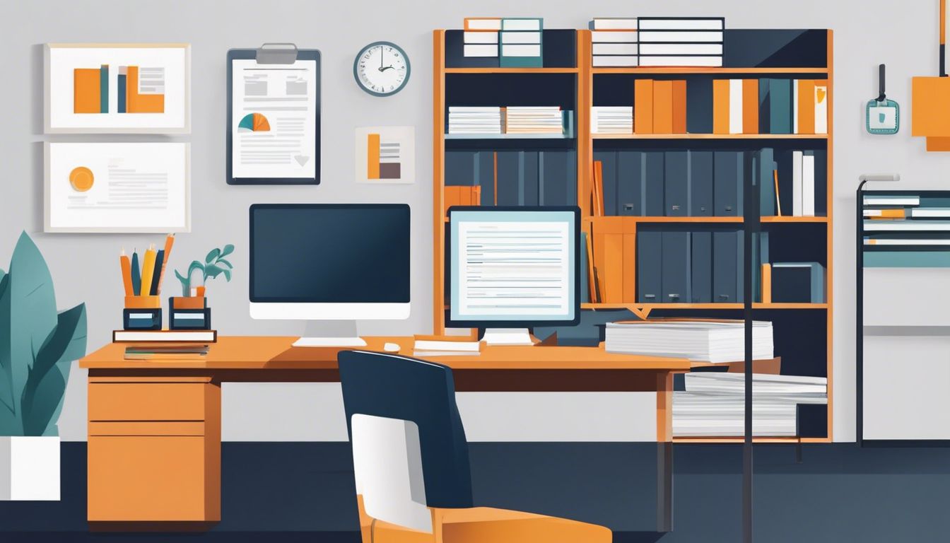 Een persoon organiseert financiële documenten in een modern kantoor.