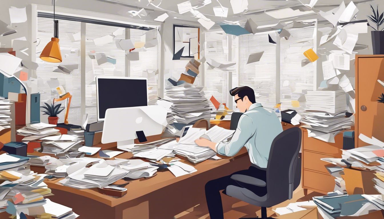 Een gestreste zakeneigenaar in een rommelig kantoor, overweldigd door wanorde.