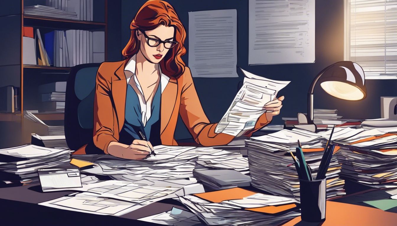 Een vrouw zit geconcentreerd te werken aan haar rommelige bureau.