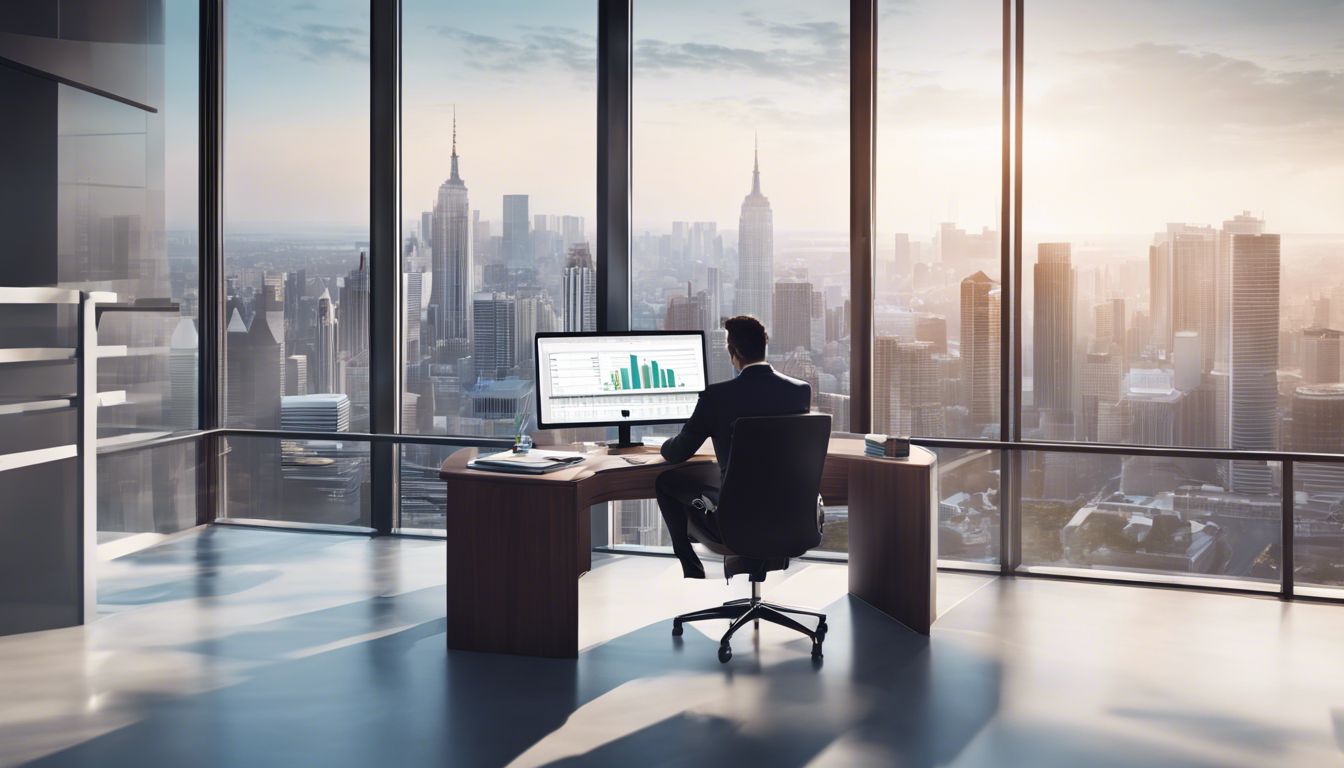 Een zakelijke professional analyseert financiële gegevens in een modern kantoor.
