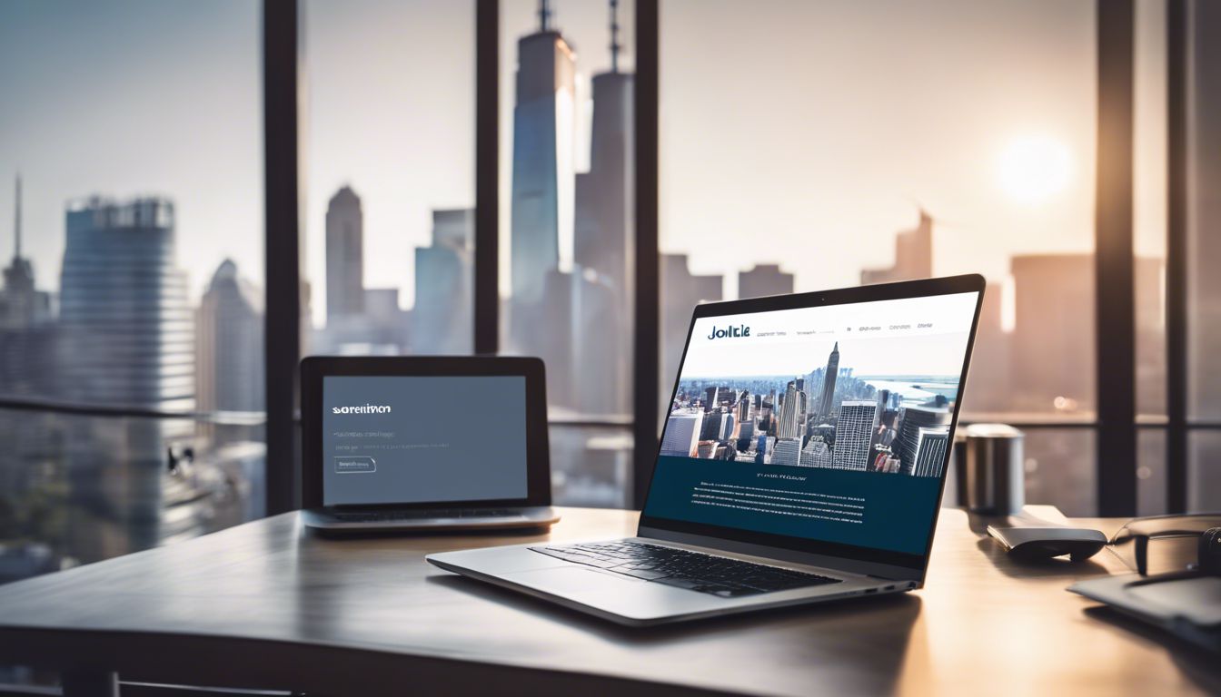 Een persoon logt in op Joomla op een moderne laptop in een minimalistische werkruimte met een stadsgezicht op de achtergrond.