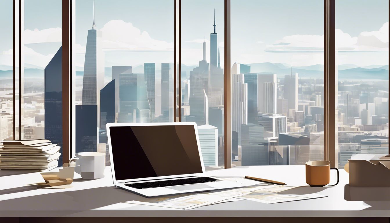 Een opgeruimd bureau met financiële documenten en een laptop in een kantooromgeving.