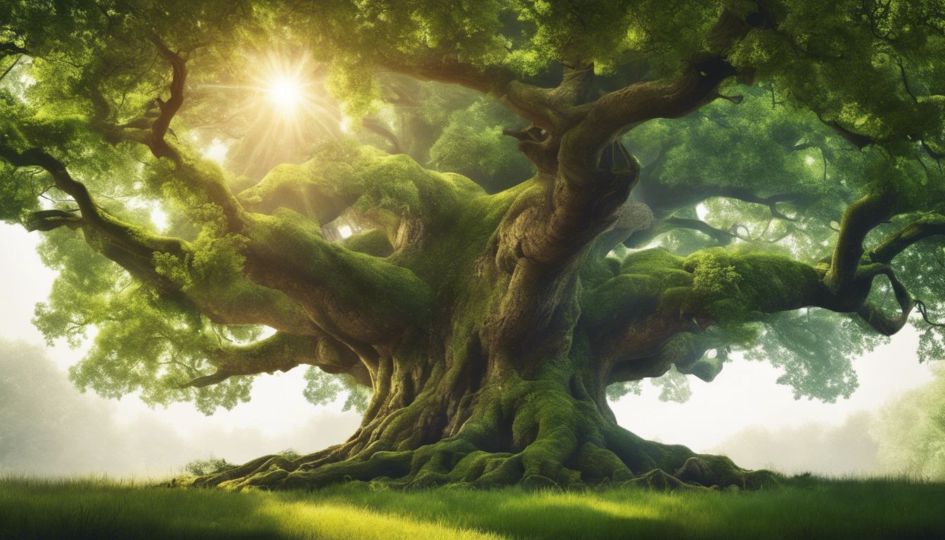 Een sterke eikenboom in een weelderig bos met zonlicht.